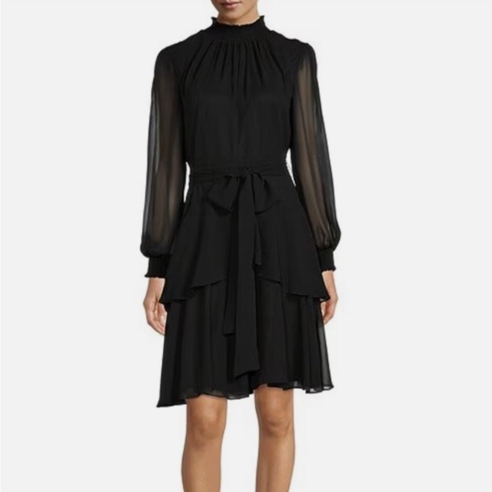 Alex Marie Black Chiffon Mock Neck Long Sleeve Party Dress